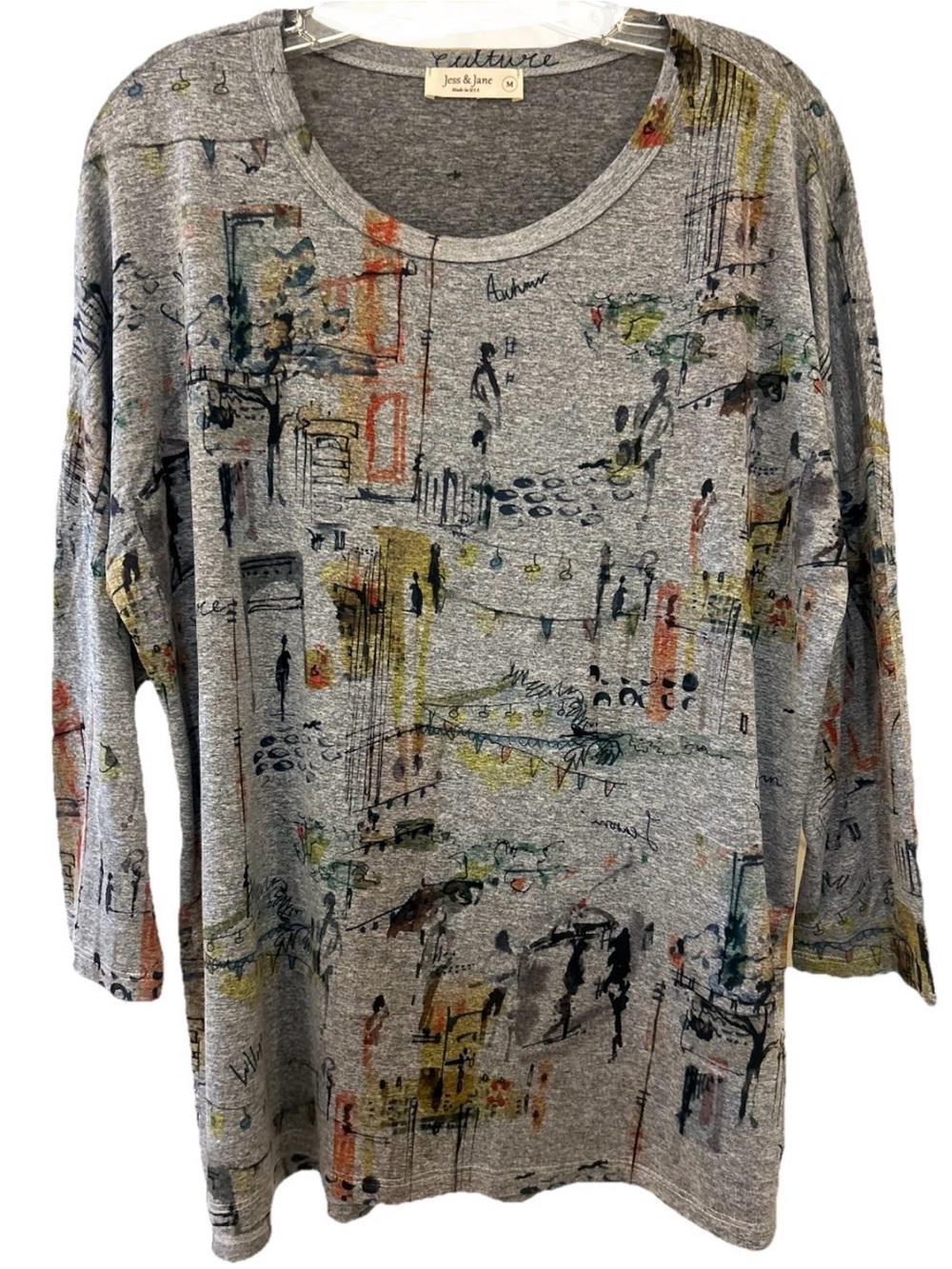 Jess & Jane Gray Abstract Cityscape Print Top Artsy Long Sleeve Tee M